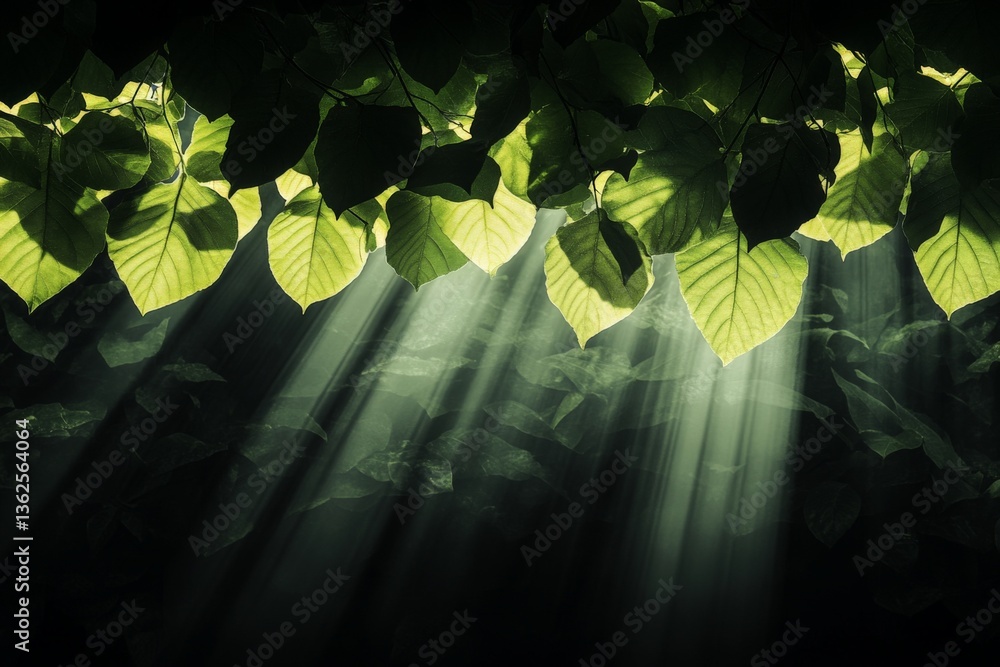 Aufkleber sunlight filtering through green leaves in a tranquil forest setting during a peaceful afternoon