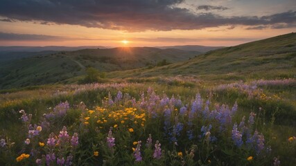 Fototapeta premium A serene sunset over rolling hills adorned with vibrant wildflowers.