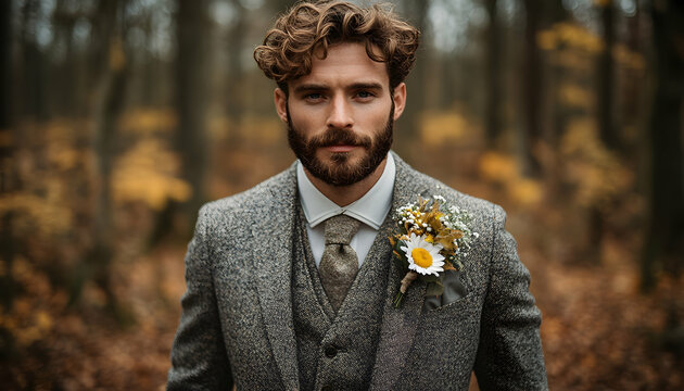 Groom poses with floral detail on suit against an autumn forest backdrop