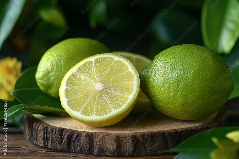 Poster fresh limes and lemon cut in half rest on a wooden platter surrounded by green leaves in a natural s