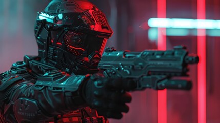 Portrait advanced future soldier wearing helmet, holding a gun ready to shoot. AI generated image 
