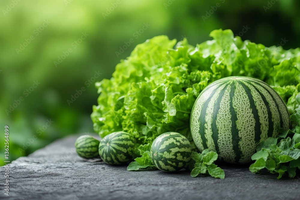Aufkleber fresh watermelons and crisp lettuce displayed on a stone surface in a lush green garden during dayli