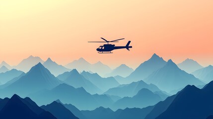 Fototapeta na wymiar Helicopter flying over mountain landscape, vibrant sunset sky, adventure theme, exploring remote nature, tranquil atmosphere.