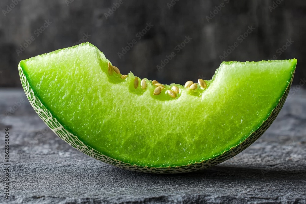 Aufkleber fresh green melon slice rests on dark stone background with visible seeds and juicy texture