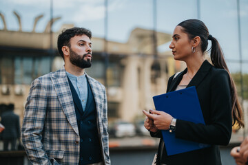 Two business people engaged in a discussion, analyzing ideas and strategies during an outdoor meeting in a bustling urban area. They appear focused and collaborative in their exchange.