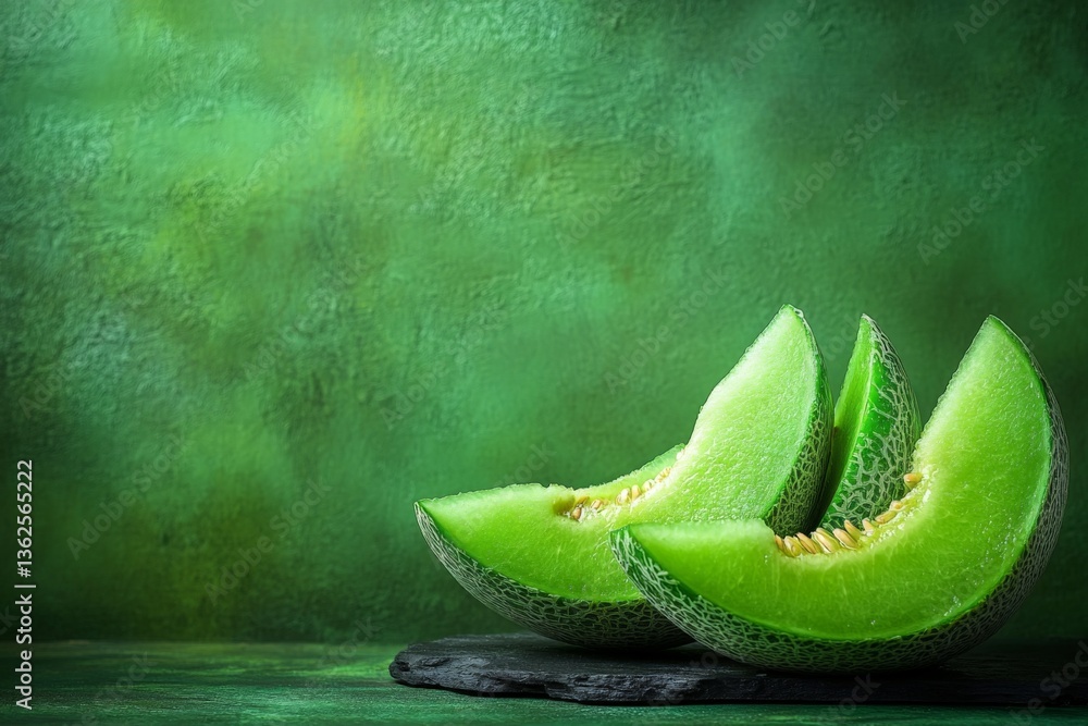 Poster slices of fresh green melon resting on a dark stone against a textured green background