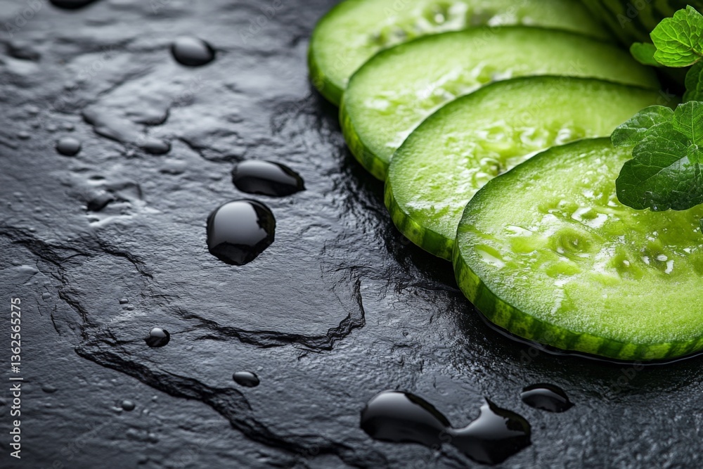 Poster Fresh cucumber slices arranged on a stone surface with water droplets and green leaves nearby creating a refreshing atmosphere