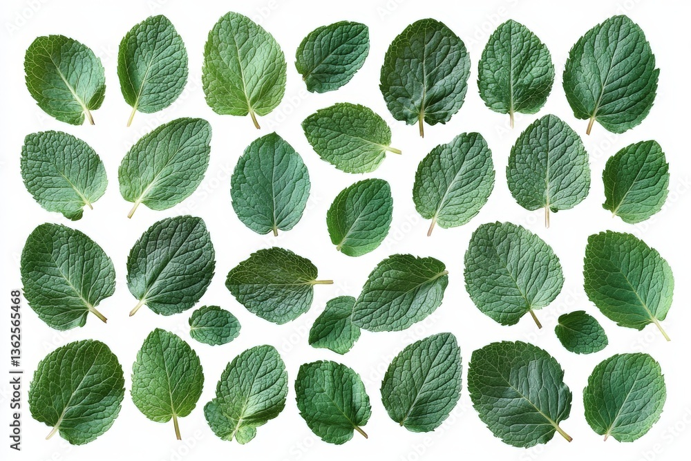 Poster fresh mint leaves arranged in a pattern showcasing their vibrant green colors and unique shapes