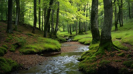 Obraz premium Lush forest stream, serene wooded area with vibrant green trees and smooth water flow, perfect for nature-themed projects.