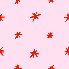 Vector simple spotted seamless pattern with asterisks. Pink background with red stars or stars in hand drawn style. Design for fabric, wallpaper, wrapping paper, cover, poster, invitation