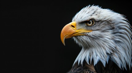 Obraz premium Portrait of Bald eagle bird animal head on black background. AI generated image
