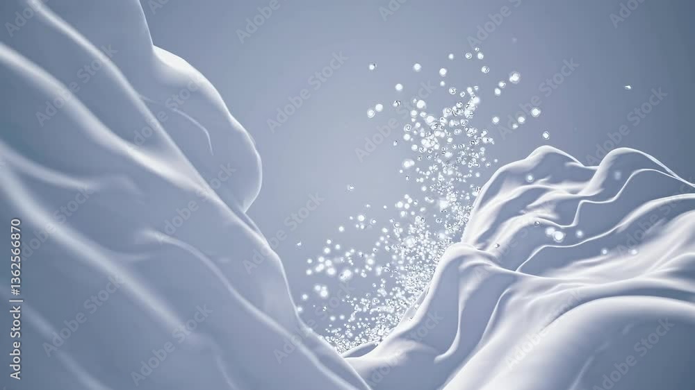 Poster abstract video of flowing white fabric waves from a low-angle perspective, creating a serene and flu