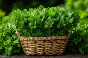 Fototapeta premium Freshly harvested parsley in a woven basket surrounded by vibrant greenery in a sunny garden