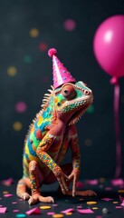 Colorful chameleon wearing pink party hat on black wall texture with confetti and balloons, confetti, party hat