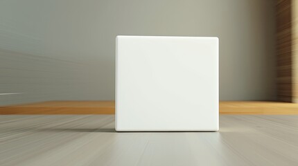 Isolated white cube displayed on a gray and wood background