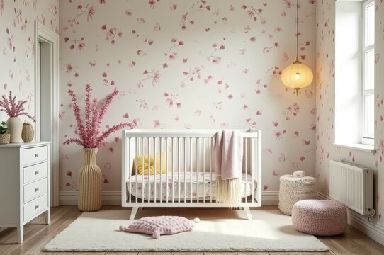 Fototapeta Charming baby nursery decor with pink floral accents and cozy atmosphere