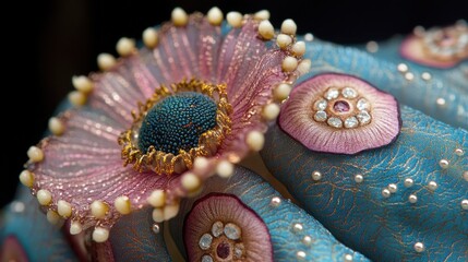 Intricate Floral Artwork: A Close-Up of Delicate Pink and Teal Sculptures