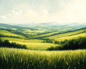 Obraz premium Serene countryside landscape with rolling hills and lush green fields under a bright sky
