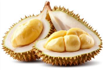 Fototapeta premium Fresh durian fruit cut open with creamy yellow flesh visible inside the spiky exterior