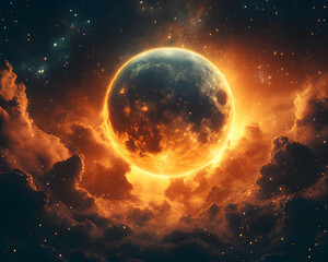 Fototapeta premium Glowing celestial sphere amidst clouds and starry background