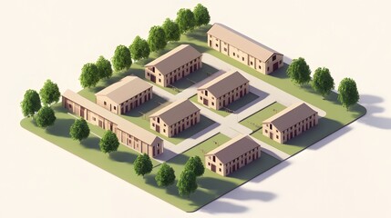 Modern urban development plan, conceptual layout with green spaces and structures, ideal for architecture projects and presentations.