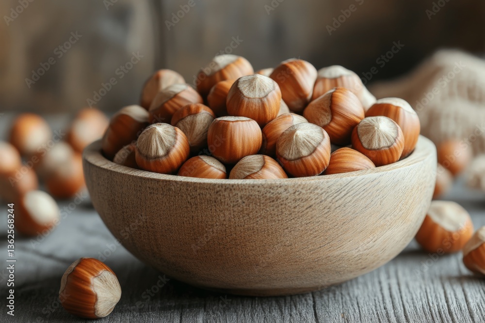 Poster delicious hazelnuts in a wooden bowl on a rustic wooden surface ready for culinary use