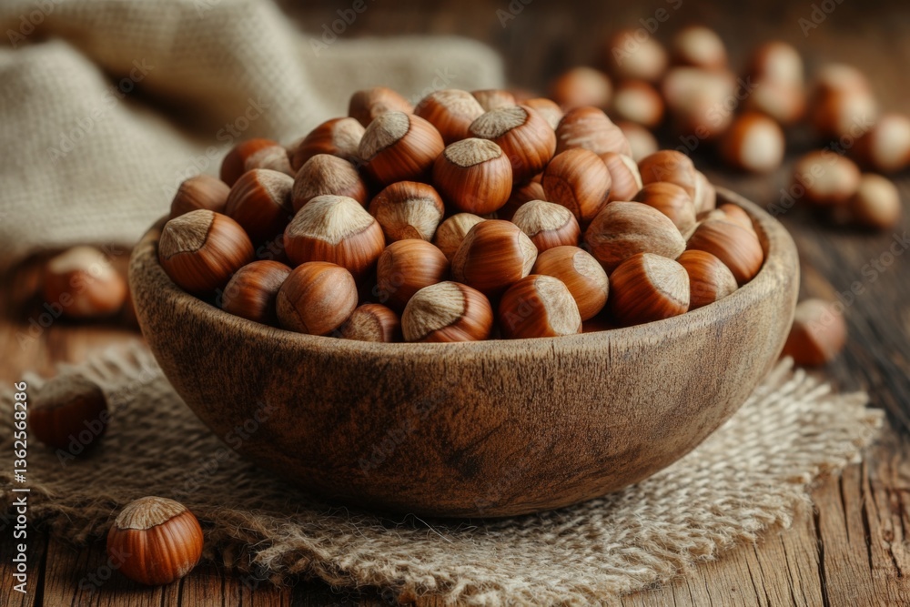 Poster hazelnuts arranged in a wooden bowl on a rustic table with burlap background during daylight