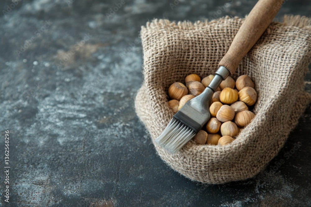Poster Hazelnuts in a rustic burlap sack with a brush on a textured surface