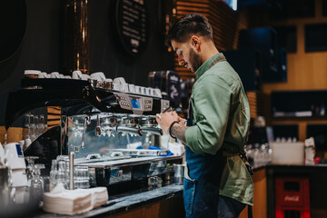 A professional barista operates an espresso machine while preparing coffee in a cozy cafe.