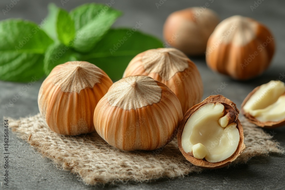 Poster Fresh hazelnuts and mint leaves arranged on a textured surface in a natural setting