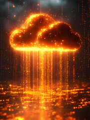 Glowing cloud of data with bright vertical streaks over a surface of reflected light