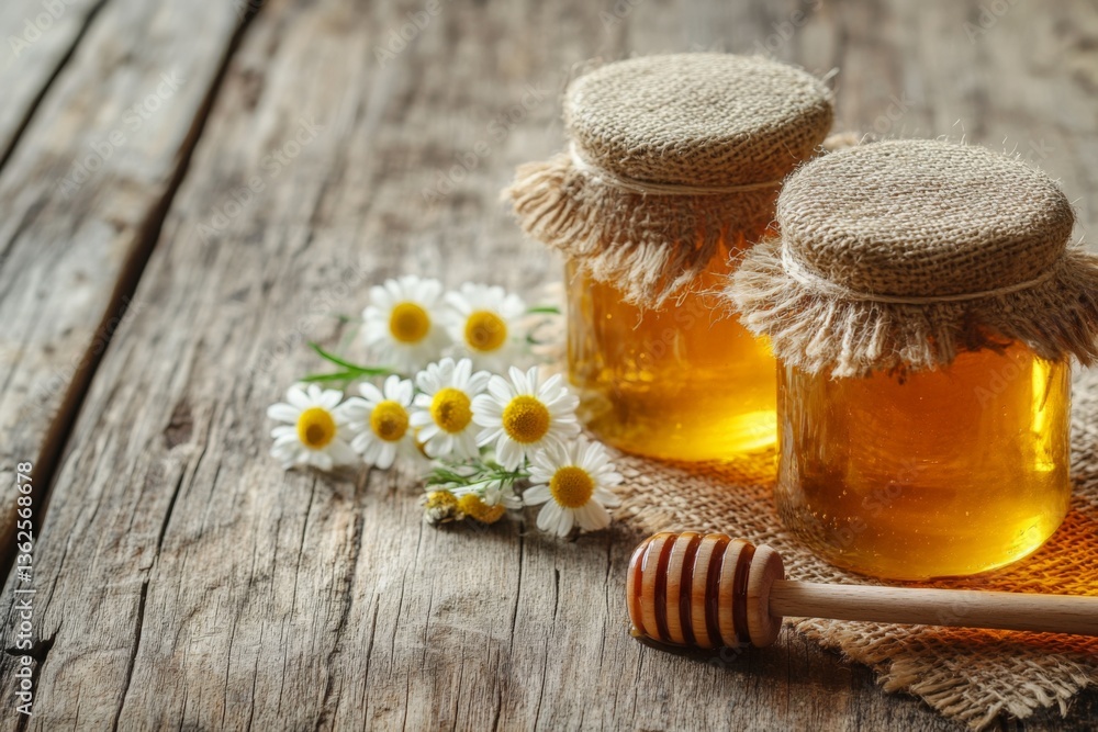 Poster bottles of honey on a rustic wooden table with daisies and a honey dipper