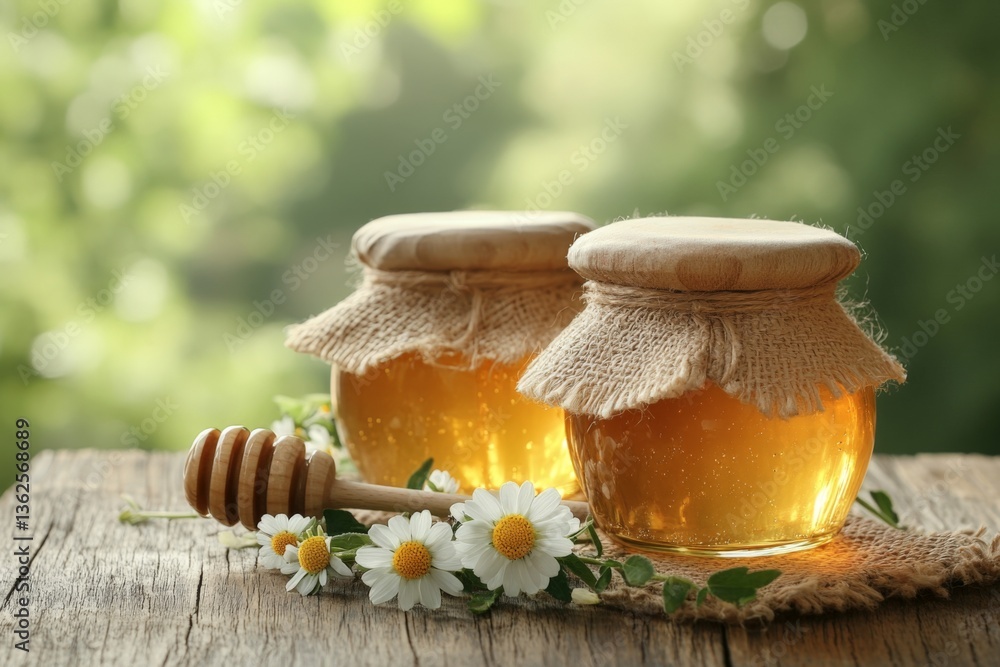 Poster fresh honey jars on a wooden table with flowers in a sunny garden setting during the afternoon
