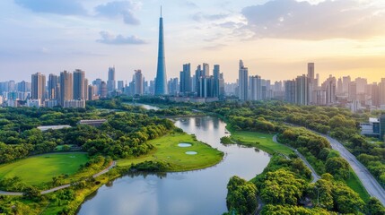 Obraz premium Urban vista futuristic cityscape overlooking lush green park aerial perspective hyperrealistic gigapixel capture