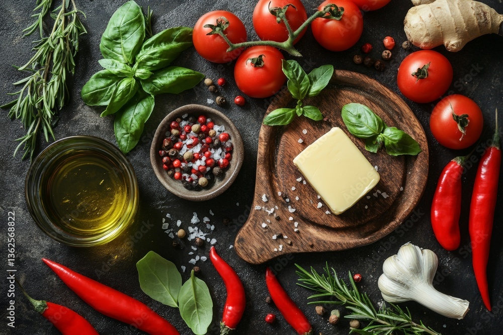 Aufkleber fresh ingredients arranged for a culinary preparation with spices, herbs, and vegetables at a rustic
