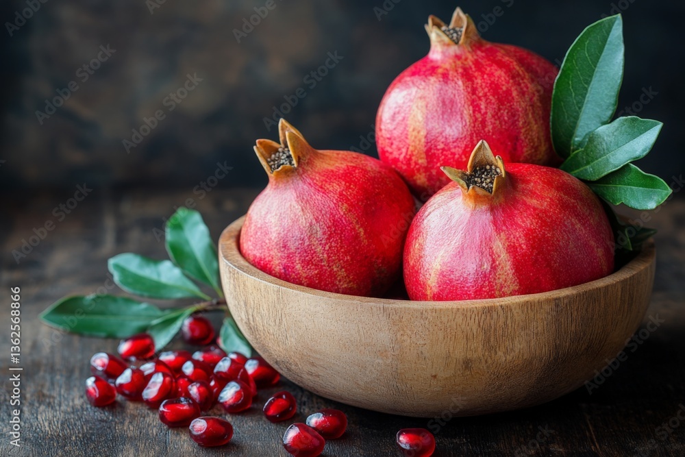 Poster fresh pomegranates arranged in a wooden bowl on a rustic table with scattered seeds nearby