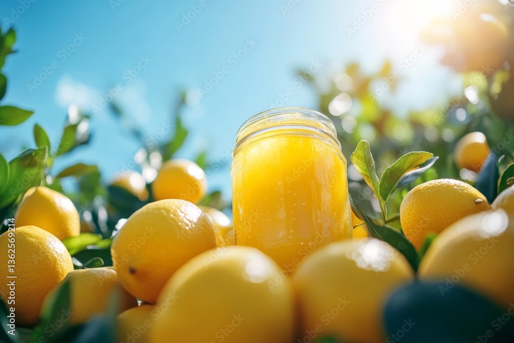 Aufkleber bright yellow lemons and fresh lemon juice in a jar surrounded by lemon trees in a sunny orchard