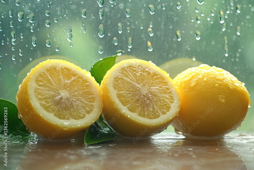 Poster freshly sliced lemons with droplets of water on a window in a vibrant indoor setting