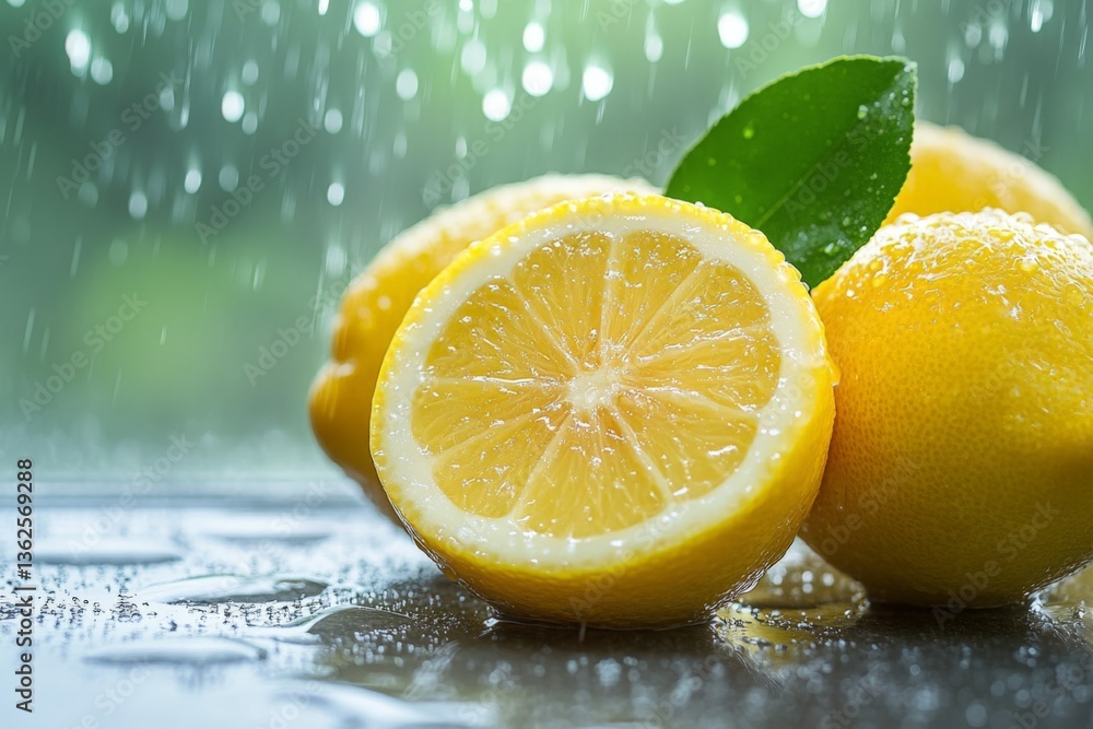 Poster Fresh lemons with raindrops on glass create a refreshing atmosphere in a natural setting