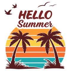 Summer beach holiday with palm trees and sunset over the ocean