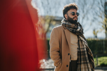 Naklejka premium A fashionable individual dressed in a camel coat and scarf standing outdoors on a sunny day. The modern attire and confident pose exude a sense of style and sophistication.