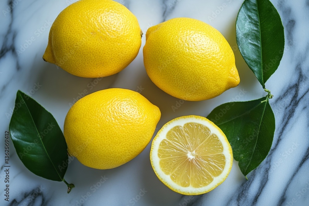 Poster fresh lemons and green leaves arranged on a marble surface showcasing their vibrant color and textur