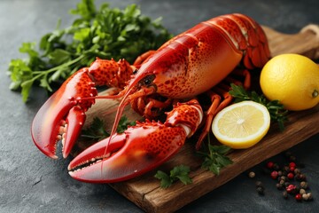 Fresh lobster on a wooden board with herbs and lemon ready for preparation