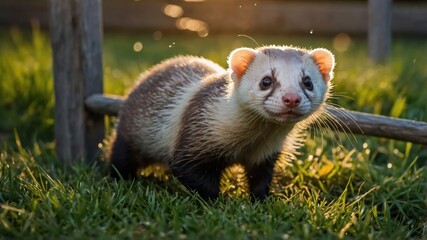A playful ferret exploring a grassy area during golden hour.
