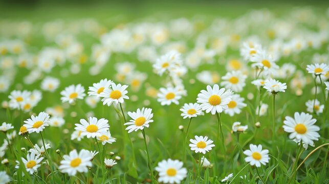A beautiful field of white and yellow daisy flowers in full bloom, creating a vibrant floral background.