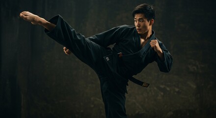 A young man executes a powerful, high kick in a dark martial arts studio
