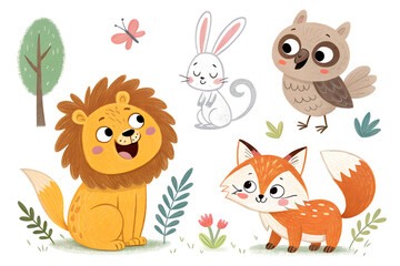 Fototapeta premium A collection of colorful, hand-drawn cartoon animals in a playful, child-friendly style. The set includes a smiling lion, a fluffy bunny, a cheerful fox, and a curious owl. Perfect for children’s book