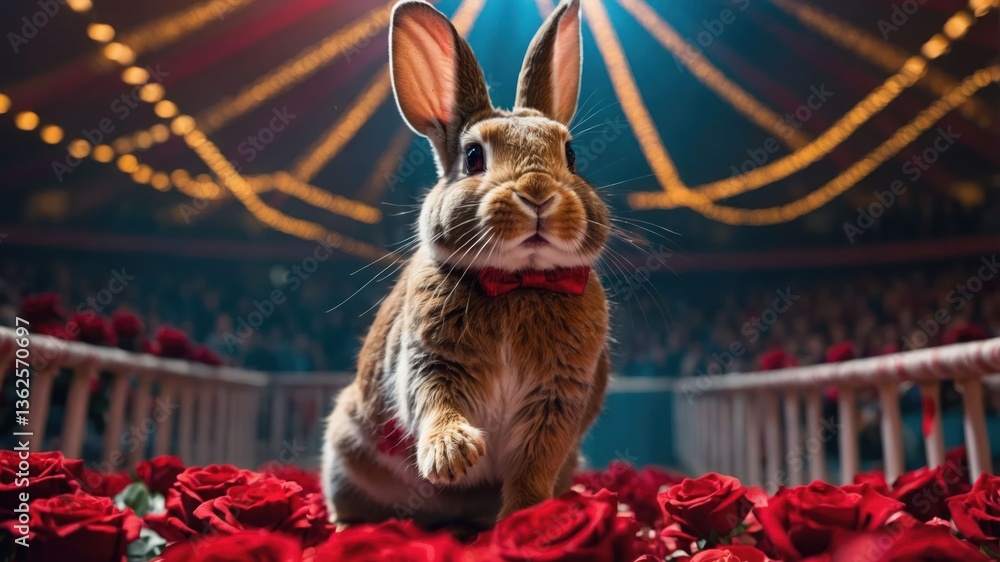 Poster a rabbit in a circus setting surrounded by roses, creating a whimsical atmosphere.