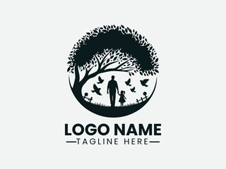 Father and Daughter Under Tree Birds Family Logo Design, Family Bonding Father Daughter Tree Logo