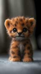 Fuzzy creature with big eyes, brown spots, & round ears sits against a soft blurred background